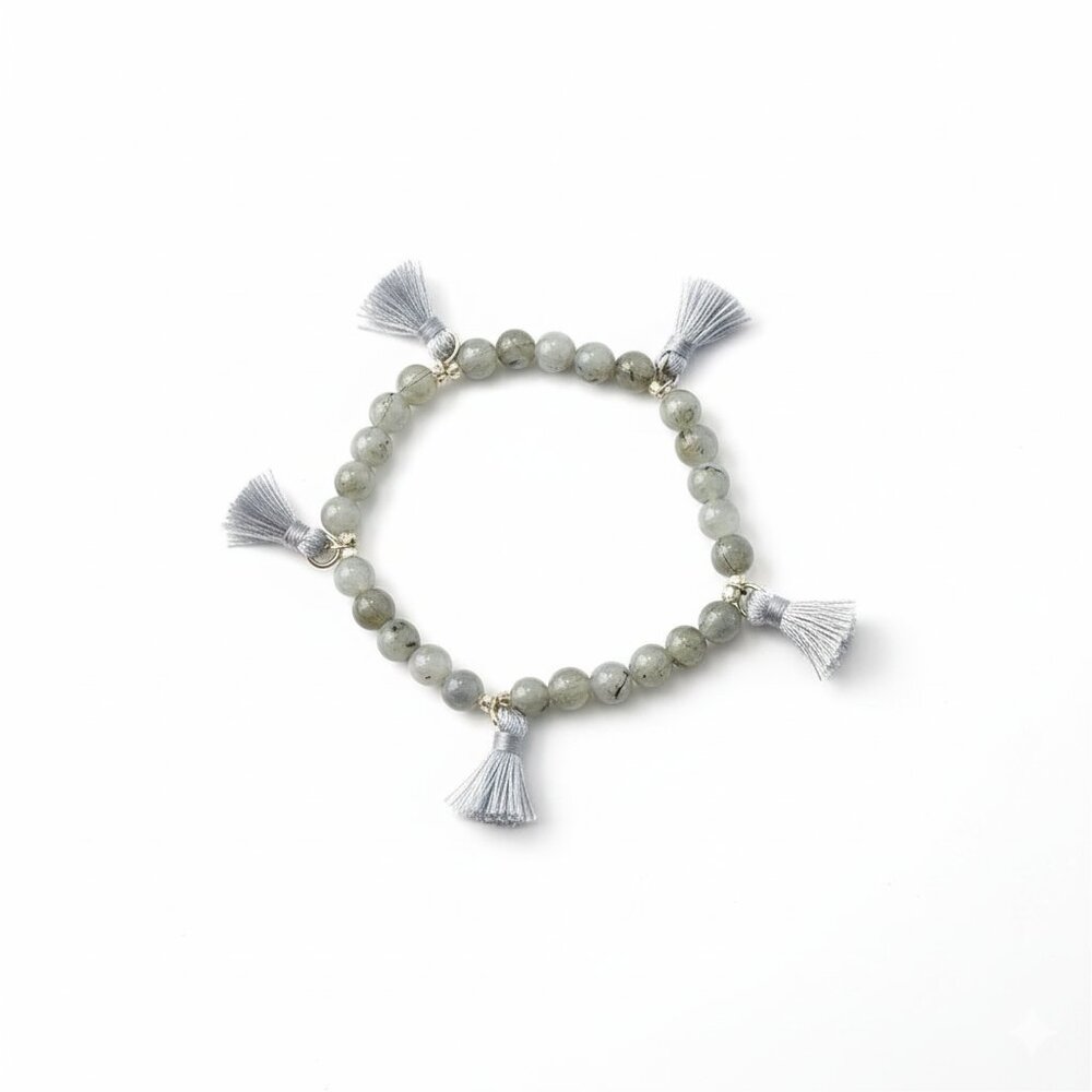 Boho Natural Gray Labradorite Beaded Stretch Bracelet Multi Tassel Stack Style